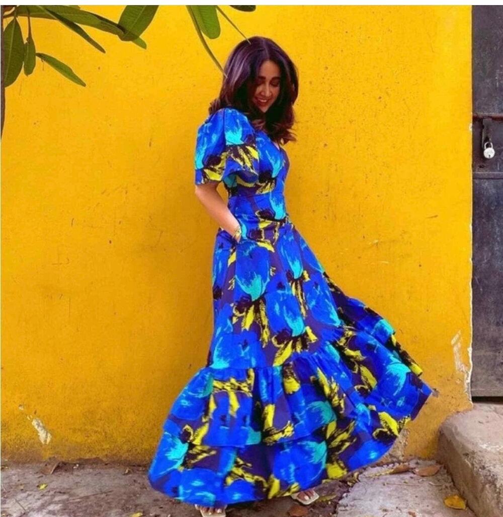 Christopher John Rogers x Target Floral Tiered Puff Sleeve Dress Blue Size 12 - Picture 1 of 12